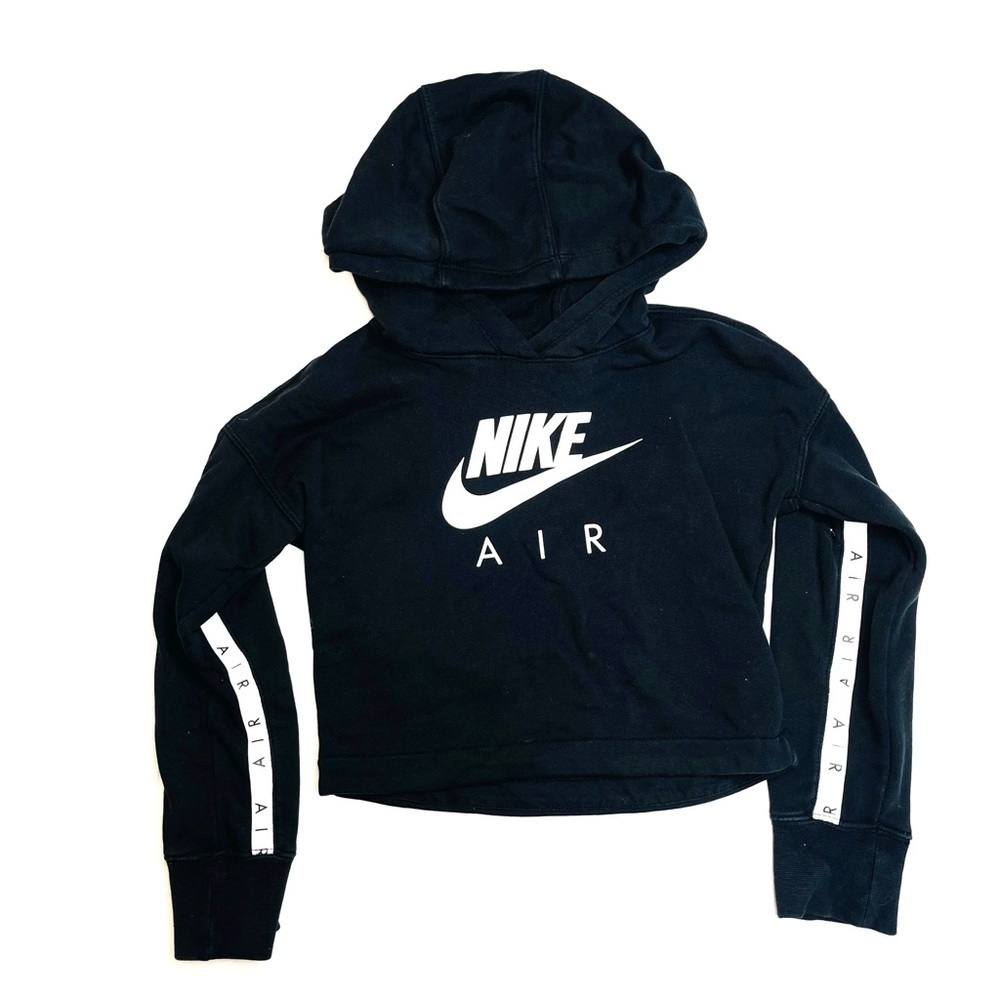 NIKE Air Girl’s Black Cropped Swoosh Logo Graphic Pullover Hoodie Size XS